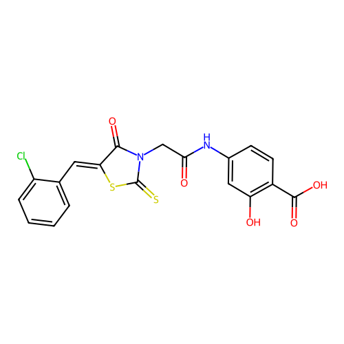 4-({[(5Z)-5-(2-chlorobenzylidene)-4-oxo-2-thioxo-1,3-thiazolidin-3-yl]acetyl}amino)-2-hydroxybenzoic acid structure