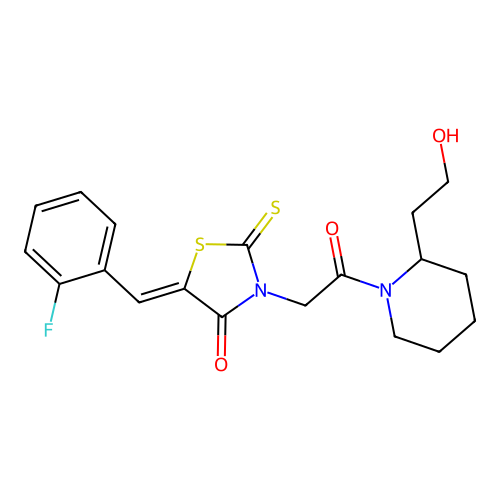 (5Z)-5-(2-fluorobenzylidene)-3-{2-[2-(2-hydroxyethyl)piperidin-1-yl]-2-oxoethyl}-2-thioxo-1,3-thiazolidin-4-one structure