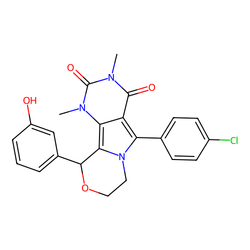 5-(4-chlorophenyl)-10-(3-hydroxyphenyl)-1,3-dimethyl-1,7,8,10-tetrahydro-2H-pyrimido[4',5':3,4]pyrrolo[2,1-c][1,4]oxazine-2,4(3H)-dione structure
