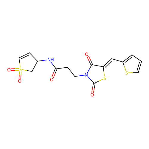 N-(1,1-dioxido-2,3-dihydrothiophen-3-yl)-3-[(5Z)-2,4-dioxo-5-(thiophen-2-ylmethylidene)-1,3-thiazolidin-3-yl]propanamide structure
