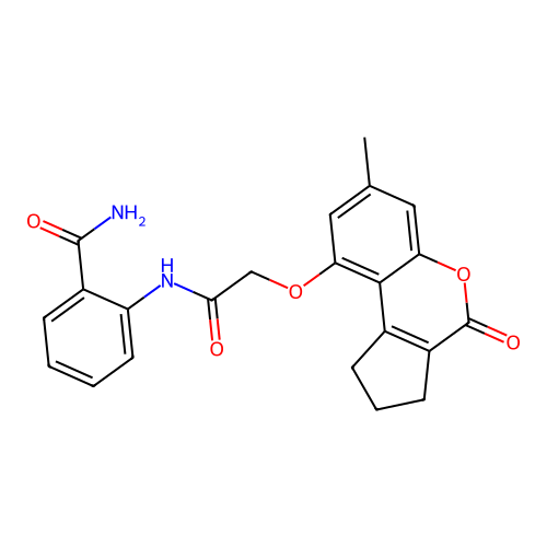 2-({[(7-methyl-4-oxo-1,2,3,4-tetrahydrocyclopenta[c]chromen-9-yl)oxy]acetyl}amino)benzamide structure