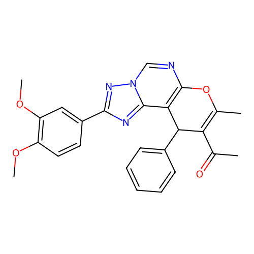 1-(2-(3,4-dimethoxyphenyl)-8-methyl-10-phenyl-10H-pyrano[3,2-e][1,2,4]triazolo[1,5-c]pyrimidin-9-yl)ethanone structure