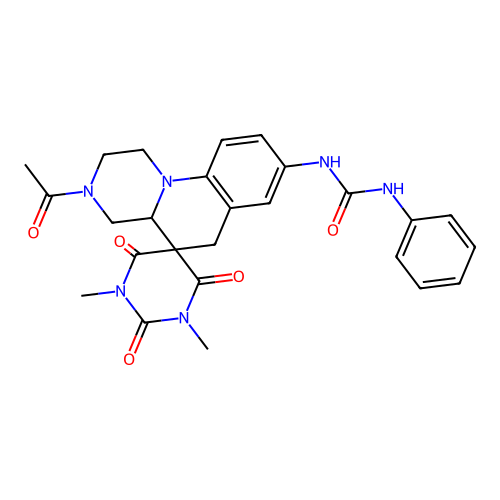 1-(3'-acetyl-1,3-dimethyl-2,4,6-trioxospiro[1,3-diazinane-5,5'-2,4,4a,6-tetrahydro-1H-pyrazino[1,2-a]quinoline]-8'-yl)-3-phenylurea structure