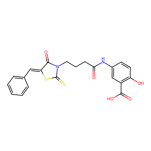 5-({4-[(5Z)-5-benzylidene-4-oxo-2-thioxo-1,3-thiazolidin-3-yl]butanoyl}amino)-2-hydroxybenzoic acid structure