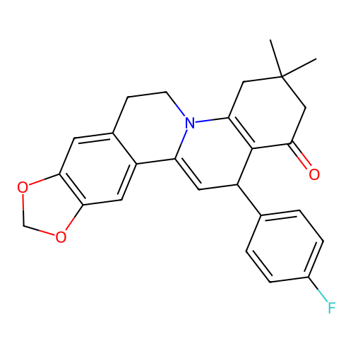 14-(4-fluorophenyl)-3,3-dimethyl-2,3,4,6,7,14-hexahydro-1H-[1,3]dioxolo[4',5':6,7]isoquinolino[2,1-a]quinolin-1-one structure
