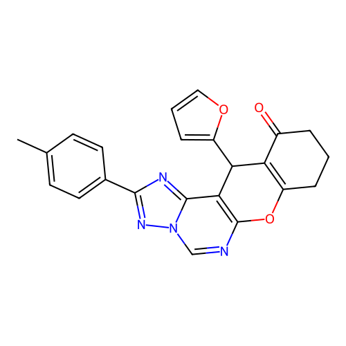 12-(furan-2-yl)-2-(4-methylphenyl)-8,9,10,12-tetrahydro-11H-chromeno[3,2-e][1,2,4]triazolo[1,5-c]pyrimidin-11-one structure