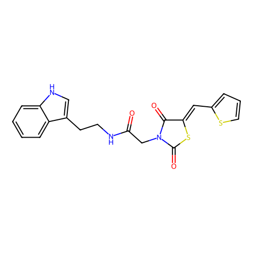 2-[(5Z)-2,4-dioxo-5-(thiophen-2-ylmethylidene)-1,3-thiazolidin-3-yl]-N-[2-(1H-indol-3-yl)ethyl]acetamide structure