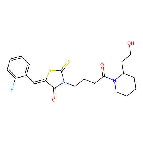 (5Z)-5-(2-fluorobenzylidene)-3-{4-[2-(2-hydroxyethyl)piperidin-1-yl]-4-oxobutyl}-2-thioxo-1,3-thiazolidin-4-one structure