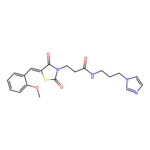 N-[3-(1H-imidazol-1-yl)propyl]-3-[(5Z)-5-(2-methoxybenzylidene)-2,4-dioxo-1,3-thiazolidin-3-yl]propanamide structure