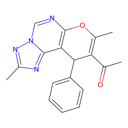 1-(2,8-dimethyl-10-phenyl-10H-pyrano[3,2-e][1,2,4]triazolo[1,5-c]pyrimidin-9-yl)ethanone structure