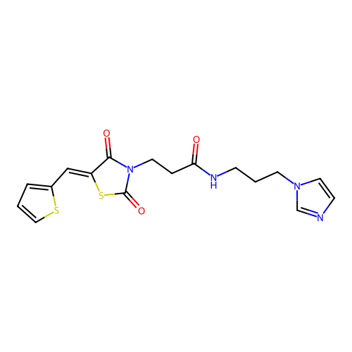 (Z)-N-(3-(1H-imidazol-1-yl)propyl)-3-(2,4-dioxo-5-(thiophen-2-ylmethylene)thiazolidin-3-yl)propanamide structure