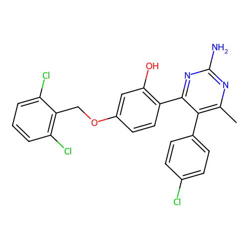 2-(2-amino-5-(4-chlorophenyl)-6-methylpyrimidin-4-yl)-5-((2,6-dichlorobenzyl)oxy)phenol structure