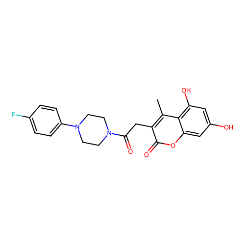 3-[2-[4-(4-fluorophenyl)piperazin-1-yl]-2-oxoethyl]-5,7-dihydroxy-4-methylchromen-2-one structure