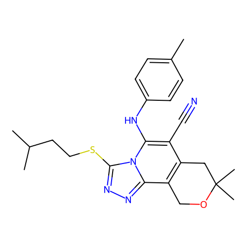 3-(isopentylthio)-8,8-dimethyl-5-(p-tolylamino)-8,10-dihydro-7H-pyrano[3,4-c][1,2,4]triazolo[4,3-a]pyridine-6-carbonitrile structure