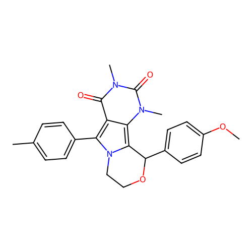 10-(4-methoxyphenyl)-1,3-dimethyl-5-(4-methylphenyl)-1,7,8,10-tetrahydro-2H-pyrimido[4',5':3,4]pyrrolo[2,1-c][1,4]oxazine-2,4(3H)-dione structure