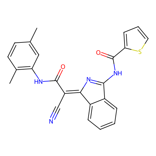 (Z)-N-(1-(1-cyano-2-((2,5-dimethylphenyl)amino)-2-oxoethylidene)-1H-isoindol-3-yl)thiophene-2-carboxamide structure