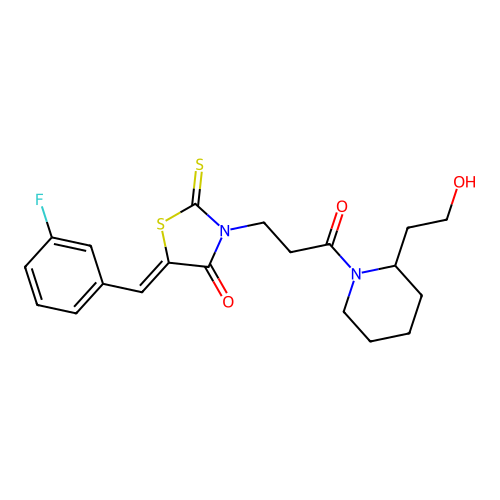 5-[(3-Fluorophenyl)methylene]-3-{3-[2-(2-hydroxyethyl)piperidyl]-3-oxopropyl}-2-thioxo-1,3-thiazolidin-4-one structure