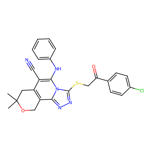 3-((2-(4-chlorophenyl)-2-oxoethyl)thio)-8,8-dimethyl-5-(phenylamino)-8,10-dihydro-7H-pyrano[3,4-c][1,2,4]triazolo[4,3-a]pyridine-6-carbonitrile structure
