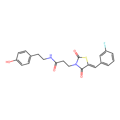 3-[(5Z)-5-(3-fluorobenzylidene)-2,4-dioxo-1,3-thiazolidin-3-yl]-N-[2-(4-hydroxyphenyl)ethyl]propanamide structure