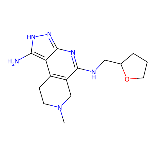 7-methyl-5-N-(oxolan-2-ylmethyl)-2,6,8,9-tetrahydropyrazolo[3,4-c][2,7]naphthyridine-1,5-diamine structure
