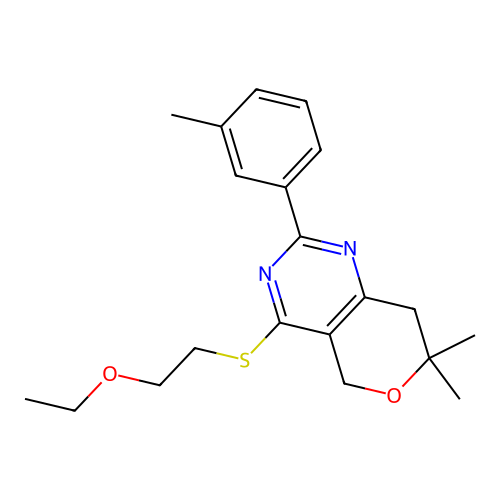 4-(2-ethoxyethylsulfanyl)-7,7-dimethyl-2-(3-methylphenyl)-5,8-dihydropyrano[4,3-d]pyrimidine structure