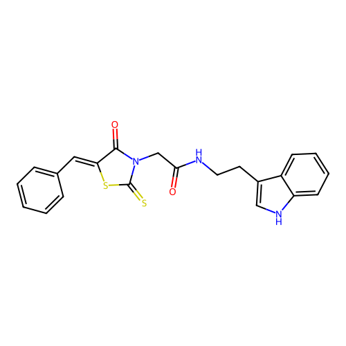 2-[(5Z)-5-benzylidene-4-oxo-2-thioxo-1,3-thiazolidin-3-yl]-N-[2-(1H-indol-3-yl)ethyl]acetamide structure