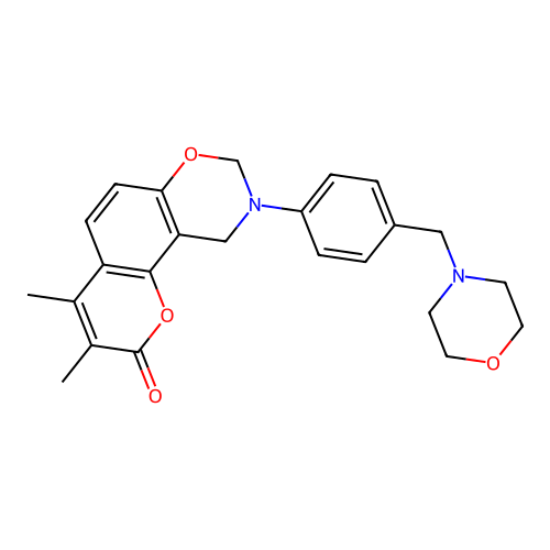 3,4-dimethyl-9-(4-(morpholinomethyl)phenyl)-9,10-dihydrochromeno[8,7-e][1,3]oxazin-2(8H)-one structure