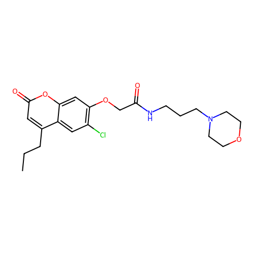2-((6-chloro-2-oxo-4-propyl-2H-chromen-7-yl)oxy)-N-(3-morpholinopropyl)acetamide structure
