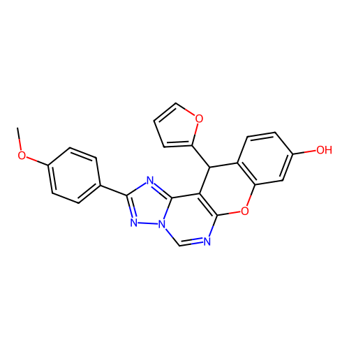 12-(2-furyl)-2-(4-methoxyphenyl)-12H-chromeno[3,2-e][1,2,4]triazolo[1,5-c]pyrimidin-9-ol structure