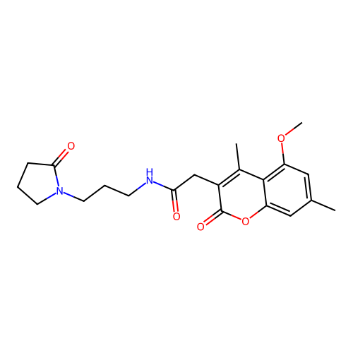 2-(5-methoxy-4,7-dimethyl-2-oxochromen-3-yl)-N-[3-(2-oxopyrrolidin-1-yl)propyl]acetamide structure