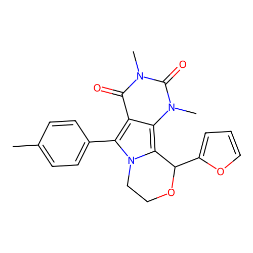 10-(furan-2-yl)-1,3-dimethyl-5-(4-methylphenyl)-1,7,8,10-tetrahydro-2H-pyrimido[4',5':3,4]pyrrolo[2,1-c][1,4]oxazine-2,4(3H)-dione structure