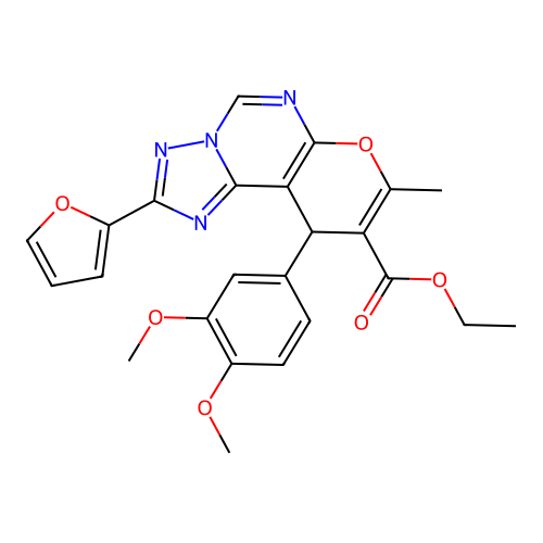 ethyl 10-(3,4-dimethoxyphenyl)-2-(furan-2-yl)-8-methyl-10H-pyrano[3,2-e][1,2,4]triazolo[1,5-c]pyrimidine-9-carboxylate structure