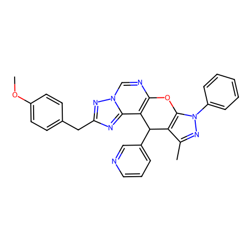 2-(4-methoxybenzyl)-10-methyl-8-phenyl-11-(pyridin-3-yl)-8,11-dihydropyrazolo[4',3':5,6]pyrano[3,2-e][1,2,4]triazolo[1,5-c]pyrimidine structure