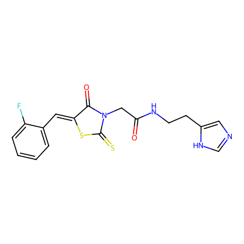 (Z)-N-(2-(1H-imidazol-4-yl)ethyl)-2-(5-(2-fluorobenzylidene)-4-oxo-2-thioxothiazolidin-3-yl)acetamide structure