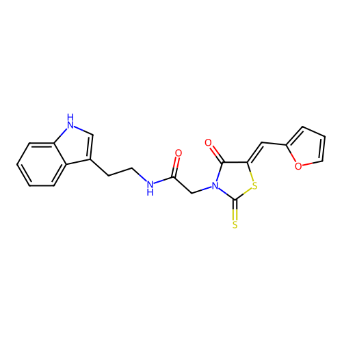 2-[(5Z)-5-(furan-2-ylmethylidene)-4-oxo-2-thioxo-1,3-thiazolidin-3-yl]-N-[2-(1H-indol-3-yl)ethyl]acetamide structure