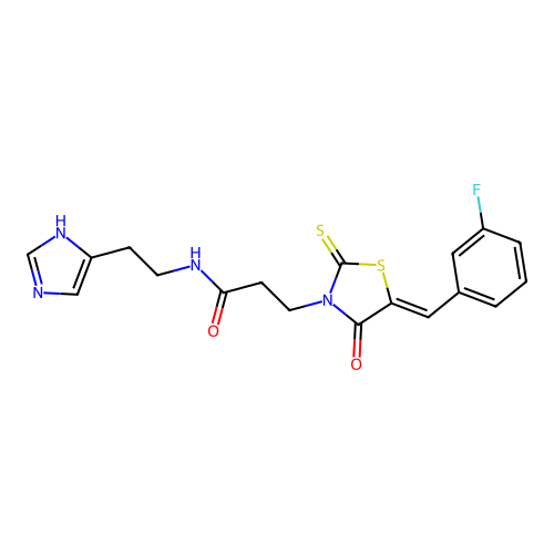 3-{5-[(3-fluorophenyl)methylene]-4-oxo-2-thioxo(1,3-thiazolidin-3-yl)}-N-(2-im idazol-4-ylethyl)propanamide structure
