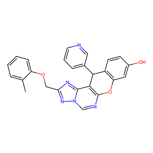 12-(pyridin-3-yl)-2-((o-tolyloxy)methyl)-12H-chromeno[3,2-e][1,2,4]triazolo[1,5-c]pyrimidin-9-ol structure