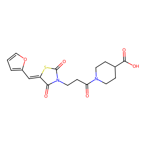 1-{3-[(5Z)-5-(furan-2-ylmethylidene)-2,4-dioxo-1,3-thiazolidin-3-yl]propanoyl}piperidine-4-carboxylic acid structure