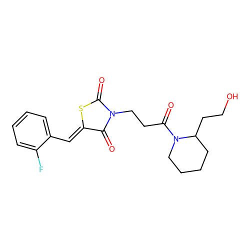5-[(2-Fluorophenyl)methylene]-3-{3-[2-(2-hydroxyethyl)piperidyl]-3-oxopropyl}-1,3-thiazolidine-2,4-dione structure