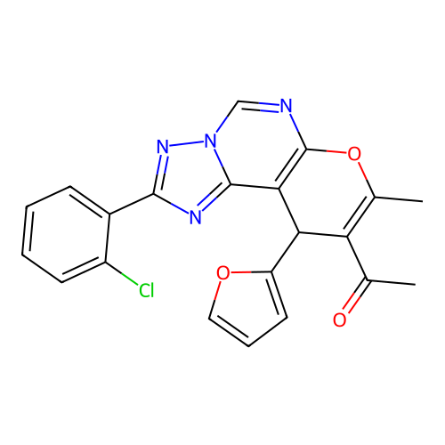 1-(2-(2-chlorophenyl)-10-(furan-2-yl)-8-methyl-10H-pyrano[3,2-e][1,2,4]triazolo[1,5-c]pyrimidin-9-yl)ethanone structure