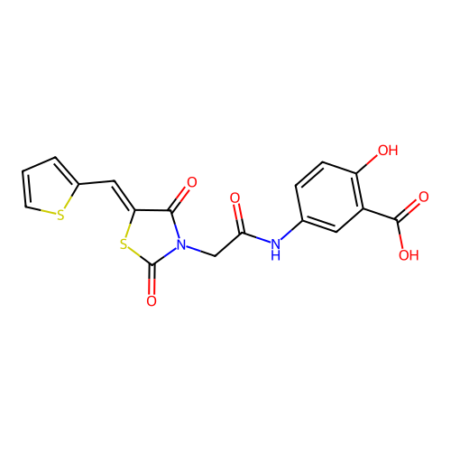 (Z)-5-(2-(2,4-dioxo-5-(thiophen-2-ylmethylene)thiazolidin-3-yl)acetamido)-2-hydroxybenzoic acid structure