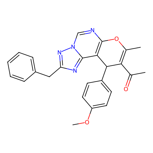 1-(2-benzyl-10-(4-methoxyphenyl)-8-methyl-10H-pyrano[3,2-e][1,2,4]triazolo[1,5-c]pyrimidin-9-yl)ethanone structure