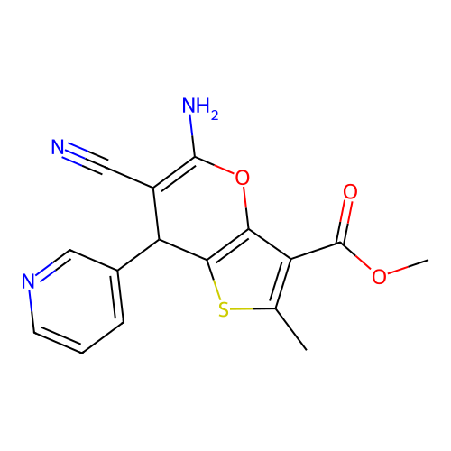 methyl 5-amino-6-cyano-2-methyl-7-(pyridin-3-yl)-7H-thieno[3,2-b]pyran-3-carboxylate structure