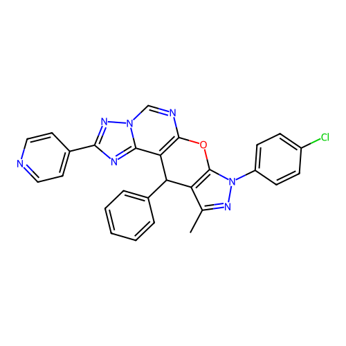 8-(4-chlorophenyl)-10-methyl-11-phenyl-2-(pyridin-4-yl)-8,11-dihydropyrazolo[4',3':5,6]pyrano[3,2-e][1,2,4]triazolo[1,5-c]pyrimidine structure