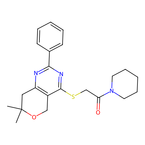 2-((7,7-dimethyl-2-phenyl-7,8-dihydro-5H-pyrano[4,3-d]pyrimidin-4-yl)thio)-1-(piperidin-1-yl)ethanone structure