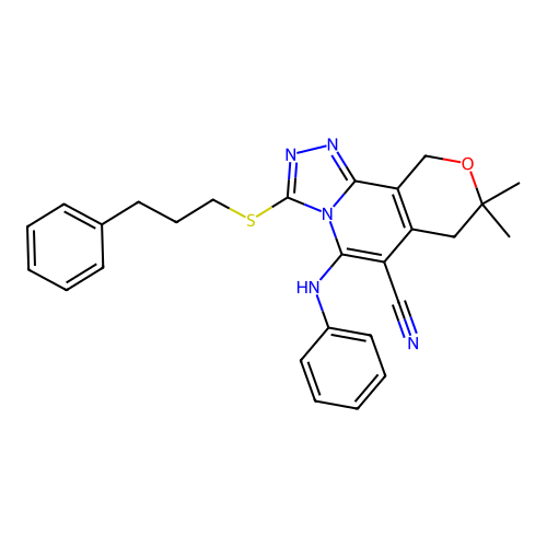 8,8-dimethyl-5-(phenylamino)-3-((3-phenylpropyl)thio)-8,10-dihydro-7H-pyrano[3,4-c][1,2,4]triazolo[4,3-a]pyridine-6-carbonitrile structure
