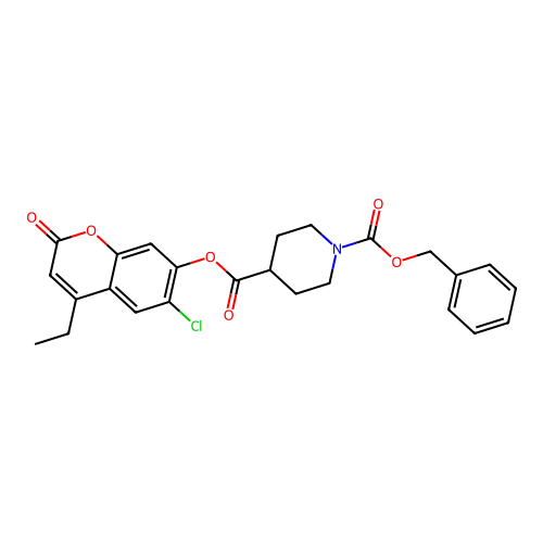 1-benzyl 4-(6-chloro-4-ethyl-2-oxo-2H-chromen-7-yl) piperidine-1,4-dicarboxylate structure