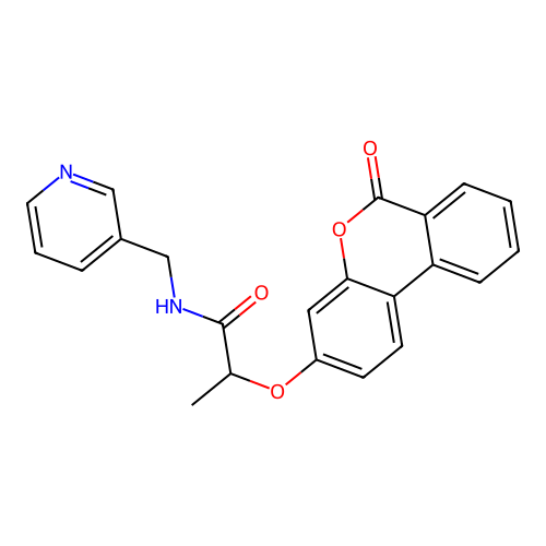 2-((6-oxo-6H-benzo[c]chromen-3-yl)oxy)-N-(pyridin-3-ylmethyl)propanamide structure