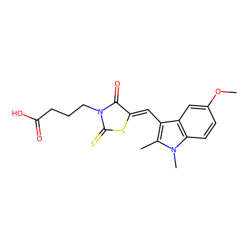 (Z)-4-(5-((5-methoxy-1,2-dimethyl-1H-indol-3-yl)methylene)-4-oxo-2-thioxothiazolidin-3-yl)butanoic acid structure