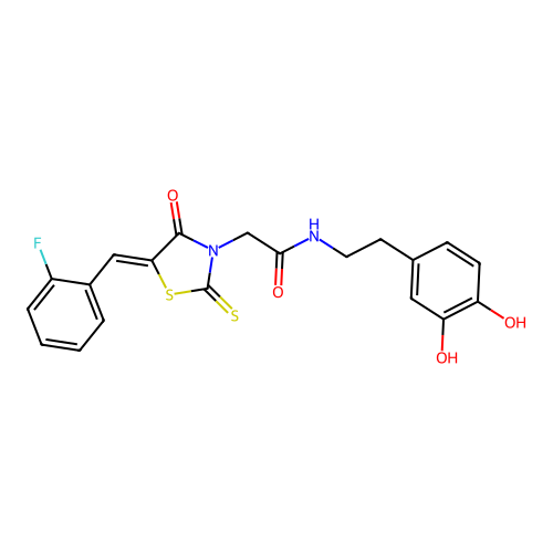 (Z)-N-(3,4-dihydroxyphenethyl)-2-(5-(2-fluorobenzylidene)-4-oxo-2-thioxothiazolidin-3-yl)acetamide structure